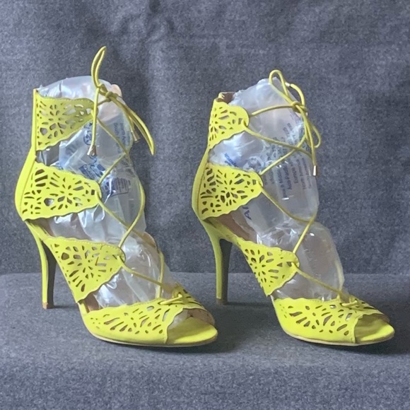 Glaze Shoes - Glaze Neon Yellow Cutout Design Lace-up High Heels